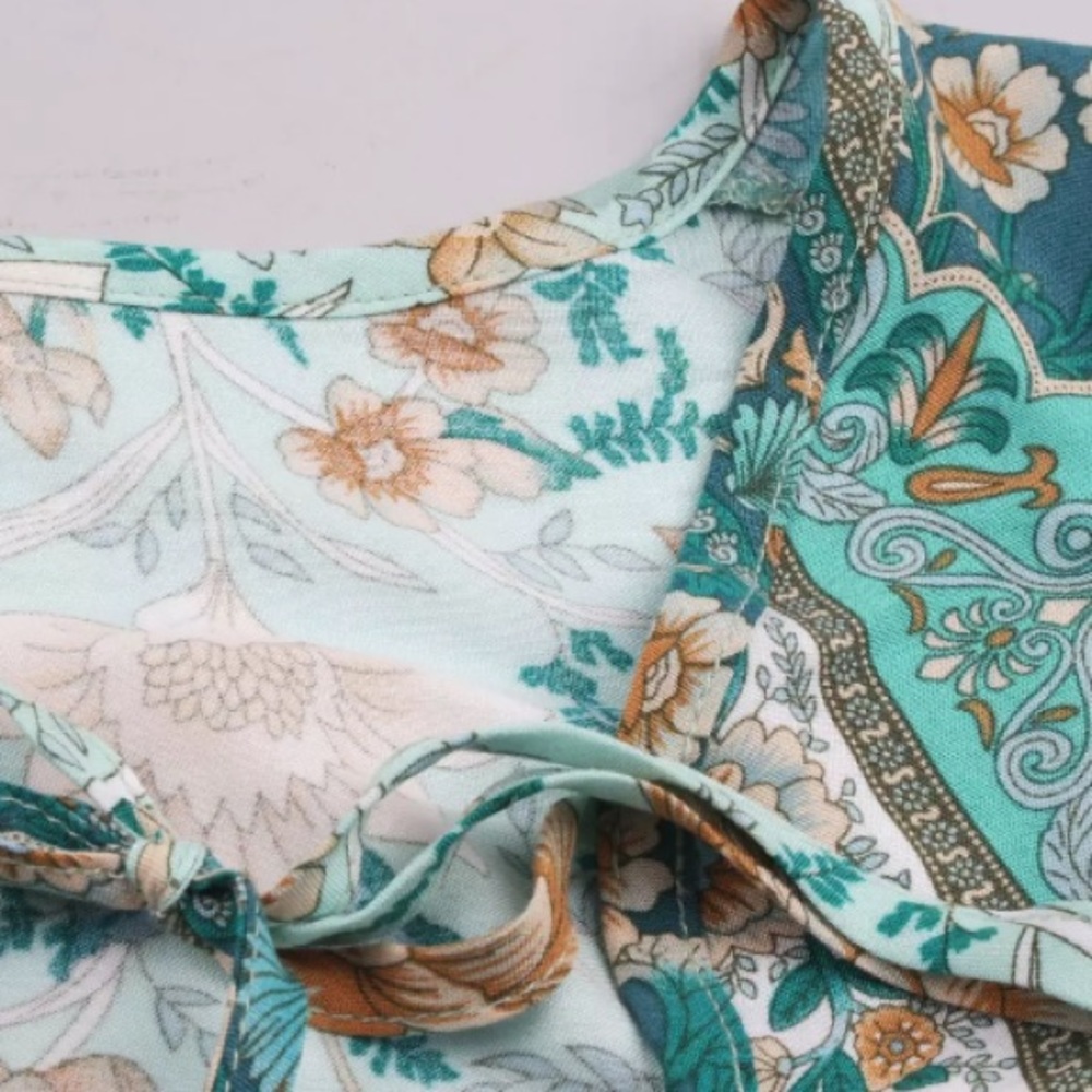 Turquoise Floral Bohemian Peasant Blouse - Picture 4 of 5